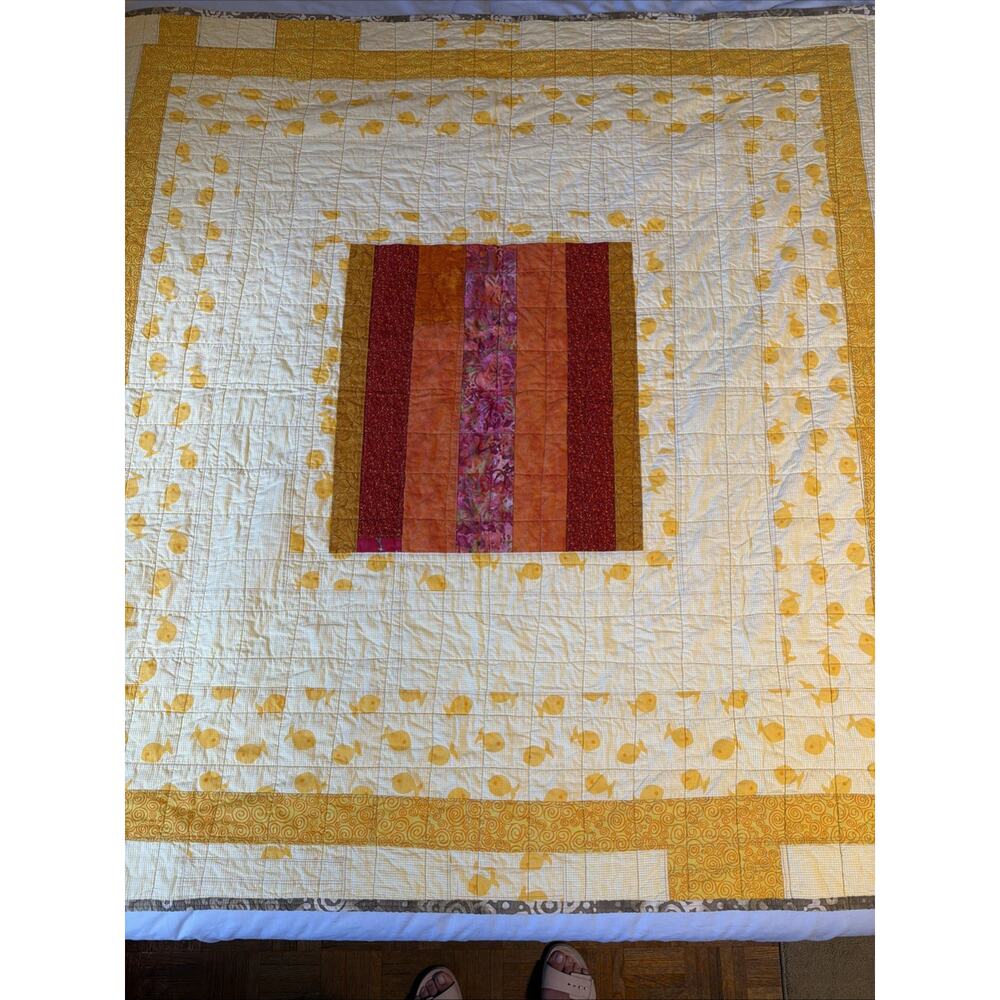 New Batik Lap Quilt Throw Blanket Handmade Machine Stitched Yellow Orange 58x58”